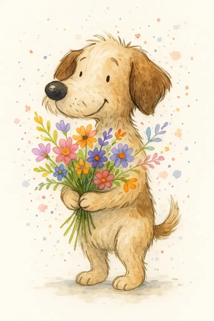 A whimsical style illustration of a cute, scruffy dog holding a colorful bouquet of wildflowers. The dog has floppy brown ears, a long snout with a round black nose, and a light tan coat with soft brown patches. It stands on its hind legs, smiling sweetly as it gazes at the delicate flowers in its paws. The bouquet is a lively mix of pink, purple, orange, and blue blossoms, with loose petals and watercolor splatters adding a sense of lightness and joy. The background is mostly white, allowing the vibrant colors and expressive brushwork to stand out. The overall style is charmingly sketchy and painterly, with a playful, heartwarming tone.