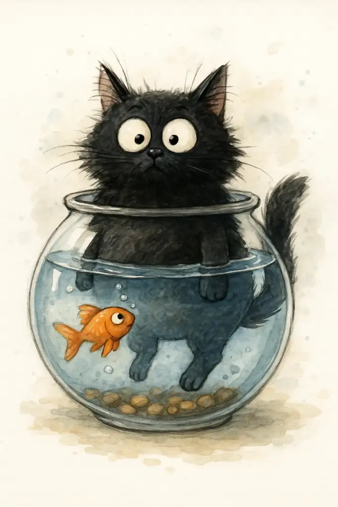 Create a humorous and whimsical watercolor-style illustration of a fluffy black cat with wide, surprised eyes sitting inside a round glass fishbowl. Only the cat's upper body and face are above the water, while its lower half is submerged, creating a funny, unexpected scene. Inside the bowl swims a bright orange goldfish, looking curiously at the cat. The water is slightly rippled, with a few bubbles rising and small pebbles settled at the bottom. The background is white with soft watercolor splashes and shading, giving the artwork a light, airy, and playful feel. The overall style combines expressive sketch lines with gentle watercolor washes for a charming, storybook aesthetic.