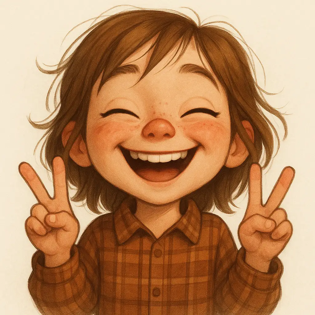 Create a delightful semi-realistic cartoon portrait of a joyful young girl making a peace sign with both hands. She has light brown, slightly messy hair that falls around her face, expressive closed eyes, and a wide, playful smile showing pure happiness. Her cheeks are rosy, and a few freckles dot her nose, adding to her charm. She's wearing a cozy brown plaid shirt, giving a warm autumnal feel. The background is plain and light, highlighting her cheerful expression and energetic pose. The overall art style combines realistic facial texture with soft, painterly brushwork and the expressive liveliness of an animated character.
