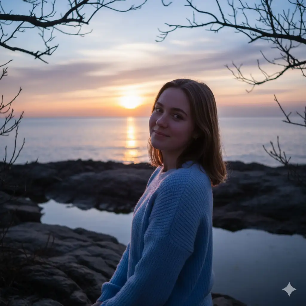 Create a serene portrait of a young woman standing by a rocky shoreline during a breathtaking sunset. She's turned slightly toward the camera with a gentle smile, exuding warmth and tranquility. She wears a soft, light blue knitted sweater that complements the cool tones of the setting. Behind her, the golden sunlight reflects beautifully on the calm water, merging with the pastel hues of pink, lavender, and orange in the sky. Bare tree branches frame the upper part of the scene, adding a natural touch to the composition. The overall mood is peaceful, nostalgic, and full of quiet beauty.