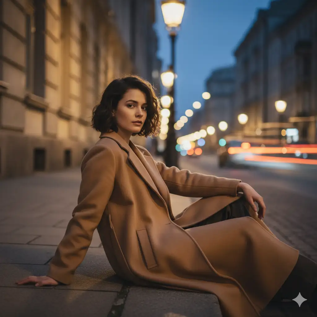 Create photo of a young woman sits on the edge of a city sidewalk at night, leaning slightly back with one hand resting on the pavement and the other draped over her knee. She wears a long light brown coat that folds naturally around her as she sits, paired with dark clothing underneath. Her short wavy hair frames her face and she looks toward the camera with a calm, steady expression. Behind her, tall streetlights cast a warm glow across the scene and illuminate historic buildings with soft highlights. The background features gentle bokeh from distant lights and passing cars, creating an atmospheric urban night setting. Capture a cinematic street portrait with a soft focus, muted tones, and a quiet sense of stillness in the middle of the city.