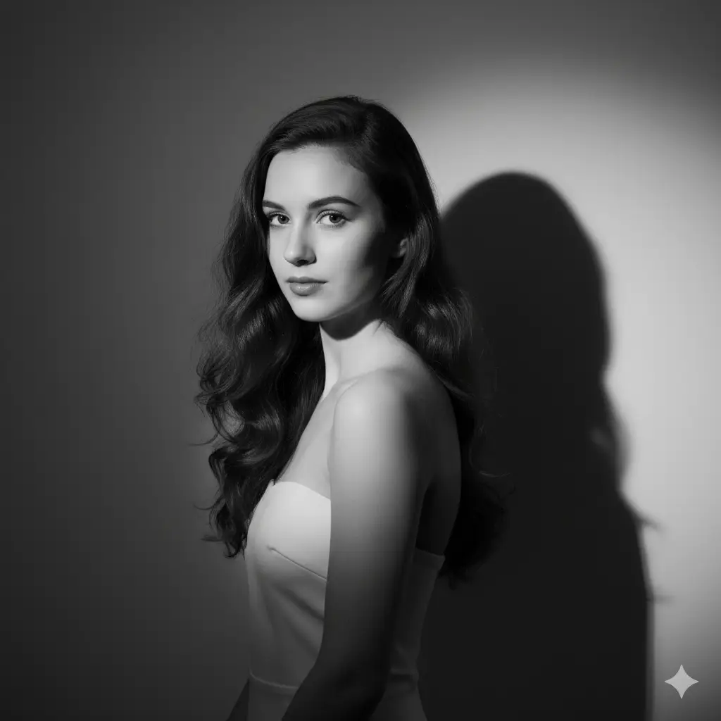 Create a soft monochrome portrait of a young woman standing against a smooth wall where a distinct shadow of her profile falls to one side. She gazes toward the camera with a calm and slightly enigmatic expression. Her long hair flows in gentle waves over her shoulders, catching subtle highlights. The lighting is focused and directional, illuminating one side of her face while leaving the other side in gentle shadow, creating a classic studio look with a vintage mood. She wears a simple strapless top that keeps attention on her face and hair. The atmosphere feels quiet and elegant with smooth contrasts, delicate textures, and a timeless portrait style.