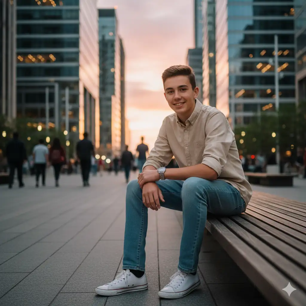 Create photo of a teen boy sitting casually on a wooden bench in a modern urban plaza surrounded by tall glass buildings and soft evening light. He wears a light beige button-up shirt with rolled-up sleeves, paired with light blue jeans and clean white sneakers. His legs are crossed comfortably, and he leans slightly forward with a confident yet relaxed expression. A silver wristwatch gleams subtly on his wrist. The background features people walking and blurred city architecture, adding depth and liveliness to the composition. The overall mood is warm, approachable, and effortlessly stylish, capturing an everyday city moment with cinematic balance.