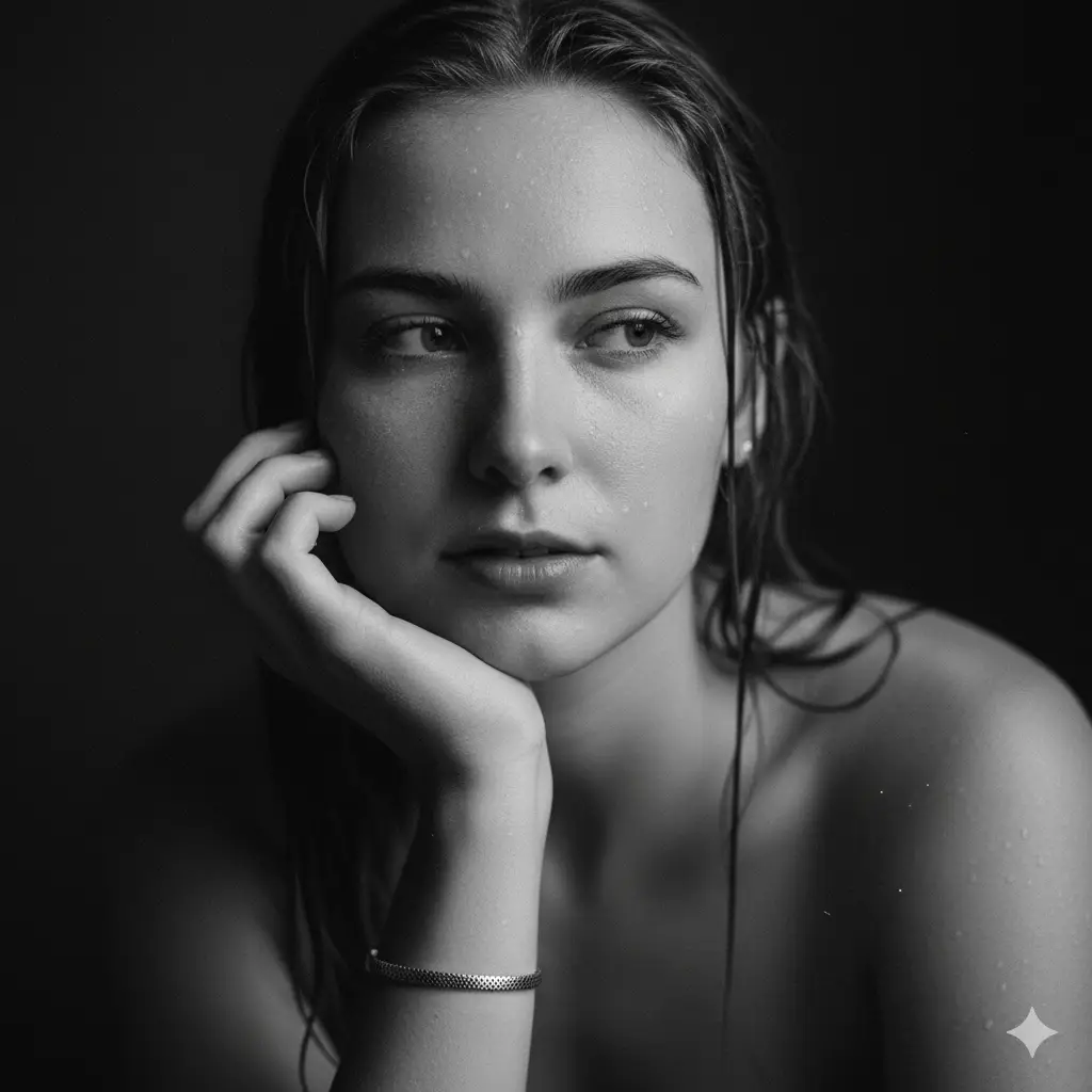 Create a close-up monochrome portrait of a young woman with wet hair clinging softly to her face and neck. Water droplets glisten on her skin, creating natural highlights against the dark background. She rests her chin on her hand in a contemplative pose, her expression calm and introspective. Her eyes are softly lit with subtle reflections that add depth. The lighting is gentle and focused, emphasizing the texture of her damp skin and the strands of hair that frame her face. She wears a simple bracelet on her wrist that subtly catches the light. The atmosphere is intimate and moody, with an emphasis on detail, contrast, and emotional stillness.
