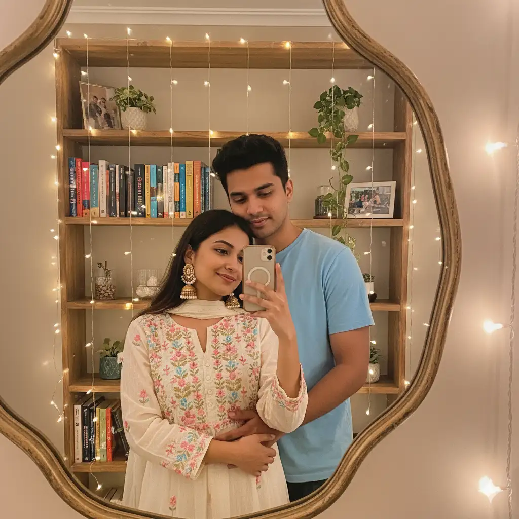 A cozy, candid mirror selfie of a young couple standing close together in a softly lit room. The woman holds the phone, smiling gently as she leans her head slightly toward the man, who stands beside her with a warm, content expression. She wears a cream-colored embroidered kurta with delicate floral designs in pink, blue, and green, paired with large traditional jhumka earrings that add a touch of elegance. The man wears a simple light blue t-shirt, complementing the relaxed and affectionate vibe. Behind them, fairy lights twinkle softly against a neutral wall, and a wooden bookshelf with potted plants adds warmth and personality to the background. The image feels intimate, joyful, and authentic.