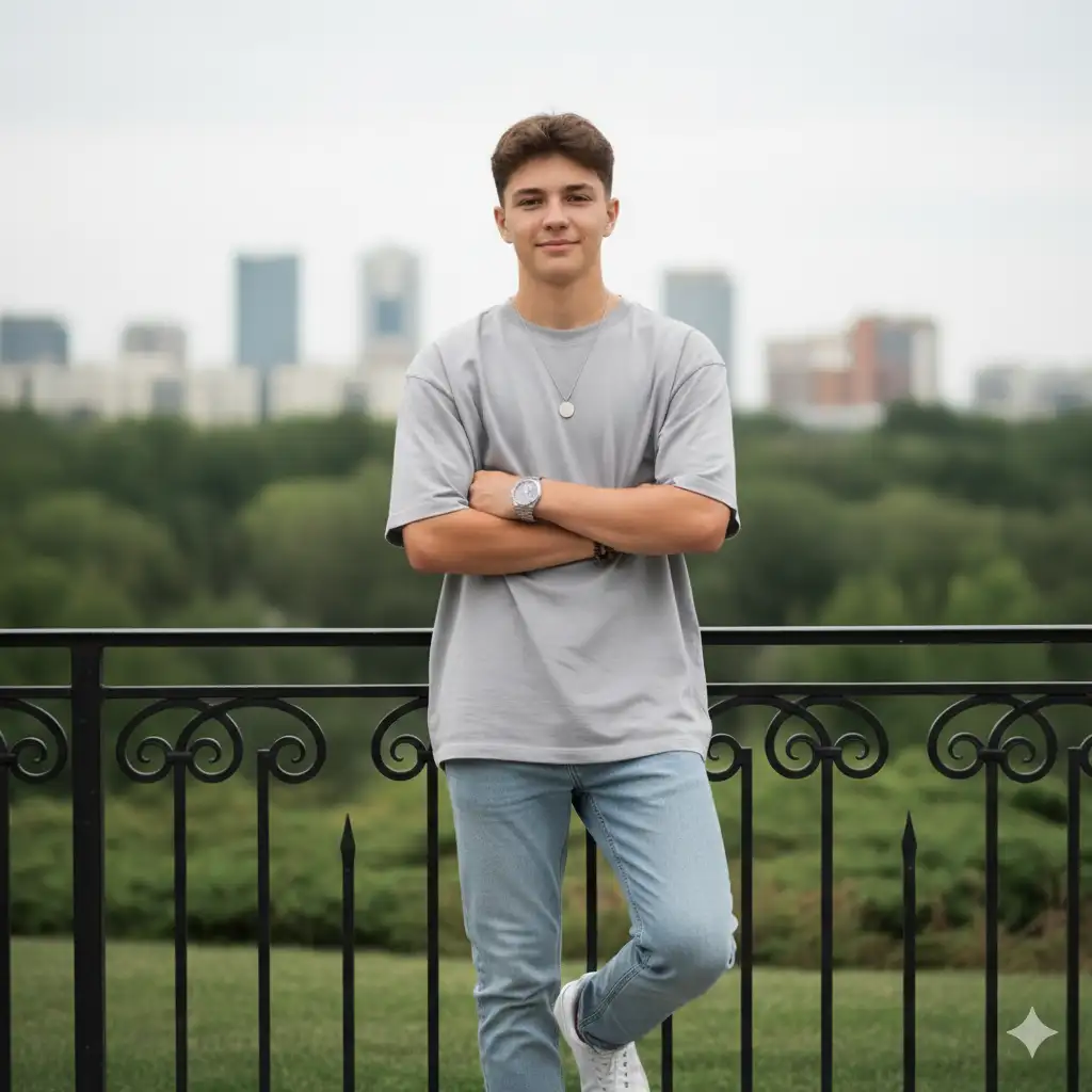 Create photo of a teen boy standing outdoors, leaning casually against an ornate black iron gate with crossed arms. He wears a light gray oversized T-shirt, light blue jeans, and white sneakers. A silver wristwatch and a brown-beaded bracelet adorn his left wrist, while a simple silver pendant necklace hangs around his neck. His expression is calm and confident. The background features soft greenery and blurred urban buildings, giving a balanced blend of nature and city elements. The lighting is natural and diffused, likely from an overcast sky, creating a soft and evenly lit portrait with muted tones.