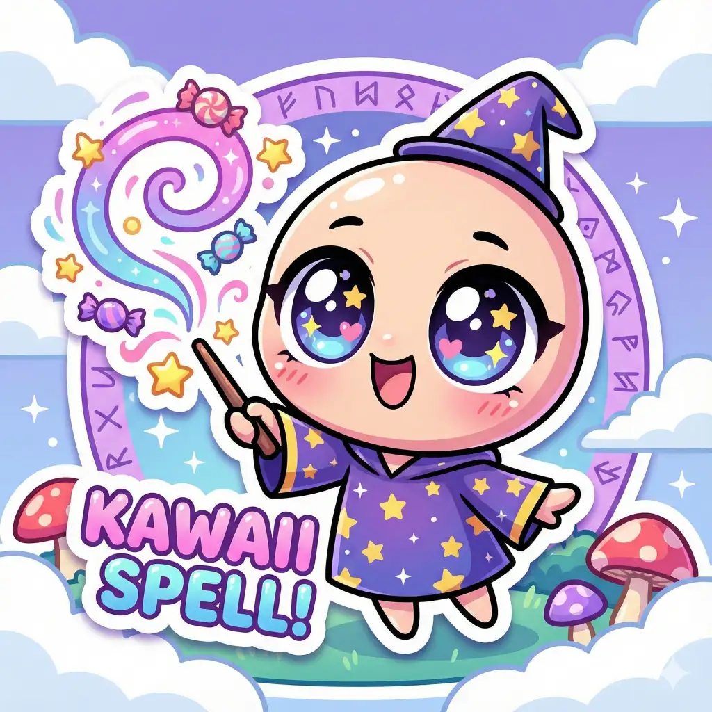 Create a Chibi style anime character of a young wizard casting a spell. The character must have super-deformed proportions with a head as large as the body, huge sparkling eyes, and tiny limbs. The coloring should be bright and cel-shaded, emphasizing an extreme "kawaii" sticker aesthetic in a square 1:1 aspect ratio.