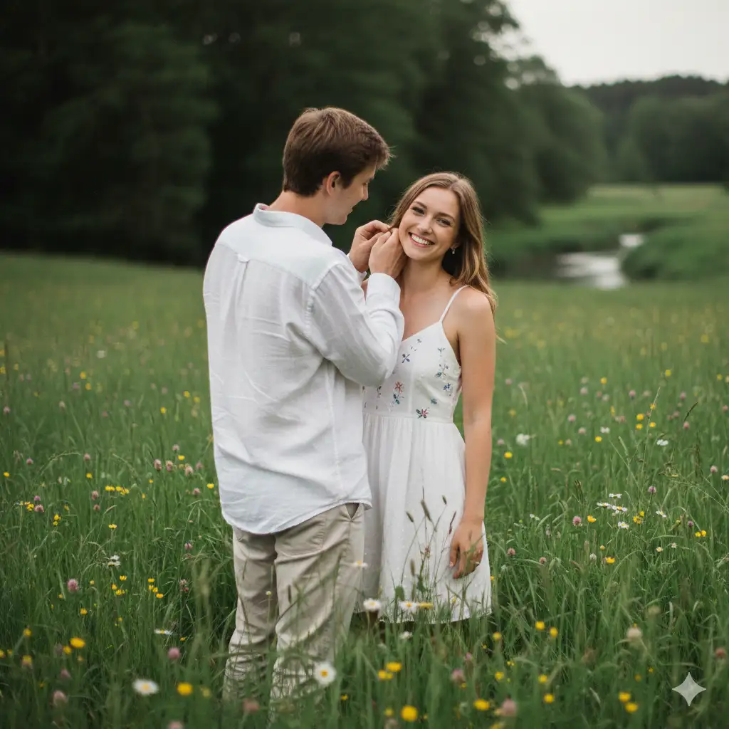 A candid, romantic outdoor portrait of a young couple in a lush green field filled with tall grass and wildflowers. The man, wearing a white shirt and light trousers, gently tucks a strand of hair behind the woman's ear as she turns toward the camera with a bright, genuine smile. The woman wears a sleeveless white dress with delicate floral embroidery, exuding a natural and graceful charm. The light is soft and diffused, suggesting an overcast afternoon or early evening glow, giving the image a serene and dreamy quality. The background features blurred greenery and distant trees, adding depth and a sense of quiet intimacy to the composition.
