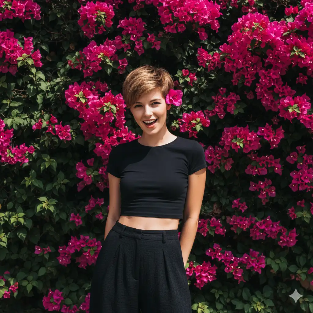 Create a photo of a young woman with a bold, pixie-cut hairstyle, standing against a vibrant wall of bougainvillea. She is dressed in a stylish, modern outfit: a black cropped top paired with high-waisted, wide-leg trousers. A single, perfect pink bougainvillea blossom is tucked behind her ear. Her pose is confident and direct, looking straight at the camera with a playful smile. The background is a riot of pink and green, creating a stunning contrast with her dark attire.