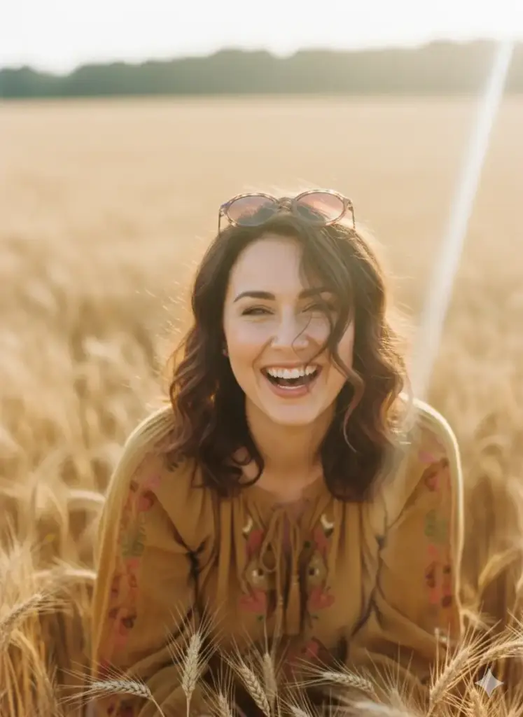 Create a warm and nostalgic social media profile picture, based on my photo of a woman, capturing the feel of a 1970s photograph shot on 35mm film. She is wearing a flowy, earth-toned peasant blouse and vintage-style sunglasses are perched on her head, with her hair looking natural and windswept. The setting is a sun-drenched, golden wheat field during the late afternoon, creating a dreamy and free-spirited vibe. The image is bathed in the hazy, warm glow of the golden hour, with a beautiful lens flare effect adding to the retro aesthetic. She is looking at the camera with a genuine, happy laugh, framed in a medium close-up that feels full of warmth and nostalgia.
