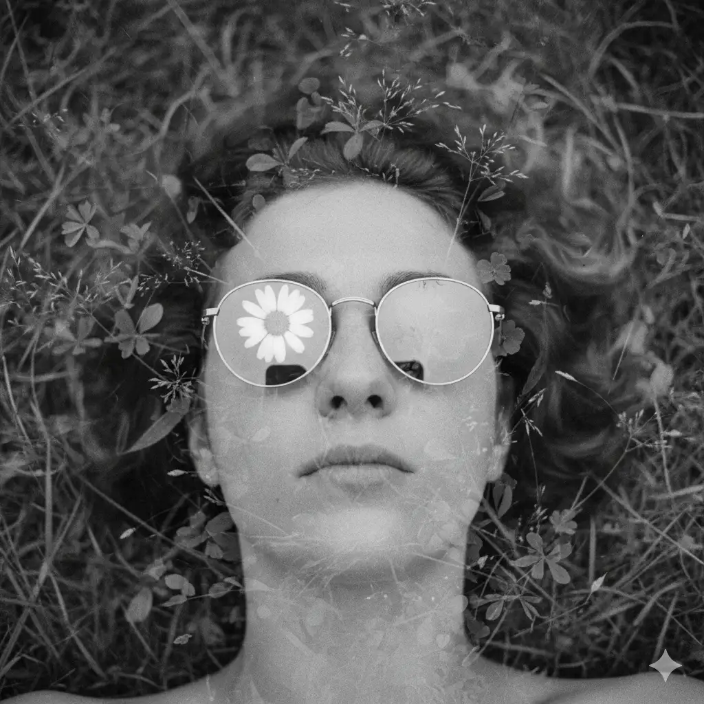 Create a monochrome double-exposure portrait featuring a person lying in grass, their face partially obscured by overlapping natural textures. The subject wears round reflective sunglasses and has slightly tousled, curly hair. Blend the facial features with close-up elements of wild grass, small leaves, and soft organic shapes to create an ethereal, dreamlike overlay. Prominently incorporate a single bright daisy positioned over one lens of the sunglasses, its petals crisp and luminous against the darker tones of the image. The person's expression should appear relaxed and contemplative, with subtle shadows shaping the cheeks and lips. Ensure the composition feels immersive and layered, with delicate transitions between the face, the flowers, and the surrounding foliage. Use high contrast, fine film-style grain, and a soft, moody blur to evoke a nostalgic, surreal atmosphere.
