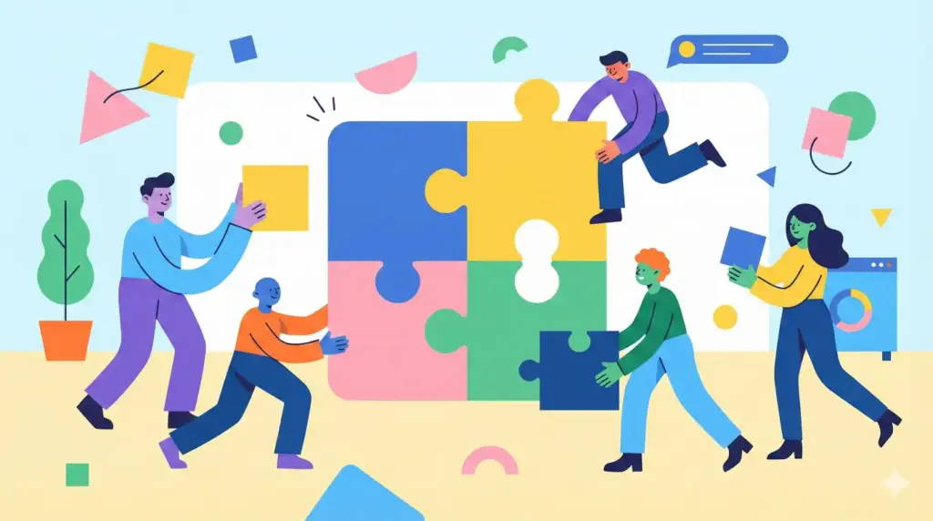 Create a Corporate Memphis flat design vector illustration depicting diverse people collaborating on a giant puzzle. The characters should have abstract proportions with tiny heads, long bending limbs, and non-realistic skin tones like blue and purple. The art must be flat, geometric, and joyful with no outlines in a wide 16:9 aspect ratio.