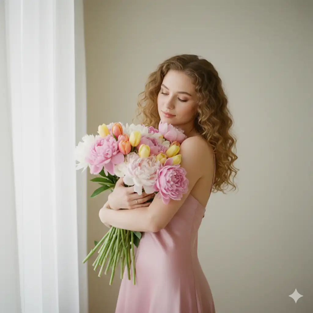Create a photo of a young woman holding a large bouquet of peonies and tulips close to her chest, as if she's hugging it. She wears a light pink satin slip dress with soft curls falling around her face. The background is a minimal indoor setting with soft natural light filtering through sheer curtains, giving the scene a dreamy, pastel tone.