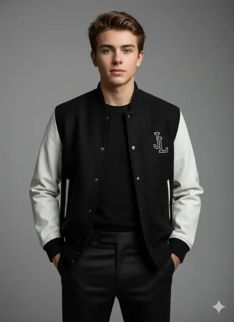 Create photo of a well-groomed young man standing confidently against a smooth, neutral gray background, wearing a stylish black jacket with white sleeves and a subtle designer logo on the chest. Underneath, he wears a plain black T-shirt, paired with matching dark trousers. His hands are casually in his pockets, and his posture exudes calm assurance. The lighting is soft and diffused, emphasizing the clean lines of the outfit and the minimalist setting. The composition feels elegant and professional, blending luxury fashion with a sleek, contemporary portrait style.