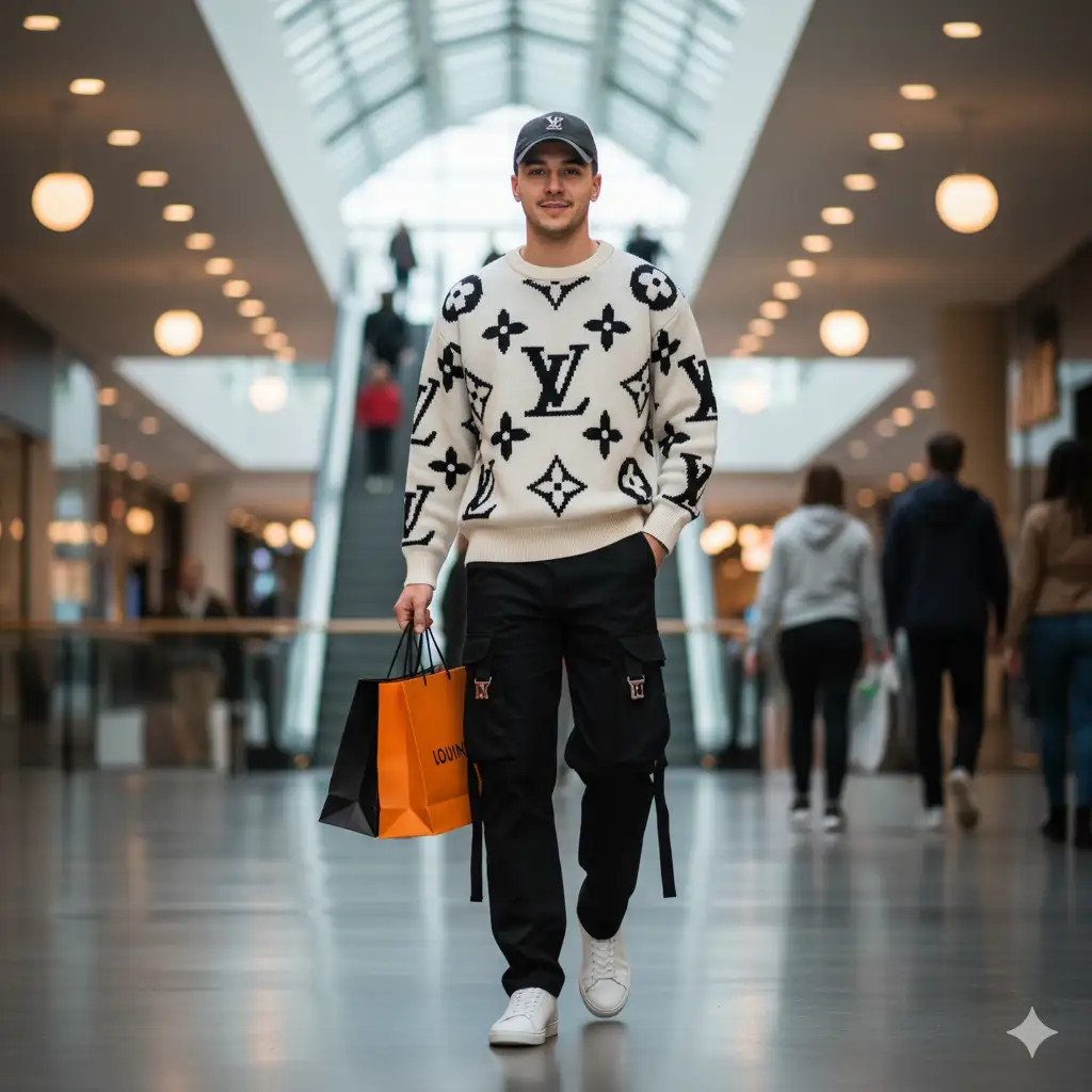 Create photo of a fashionable young man walking confidently through a modern shopping mall with a stylish, casual vibe. He's wearing a cream-colored designer sweater with bold black monogram patterns, paired with black cargo pants featuring buckles and pockets. White sneakers complete the outfit, adding a clean contrast. He accessorizes with a dark baseball cap, exuding urban polish. In one hand, he carries bright orange designer shopping bags. The background shows a softly blurred mall interior with glass ceilings, ambient lights, and people casually walking, giving the scene a dynamic yet composed energy.