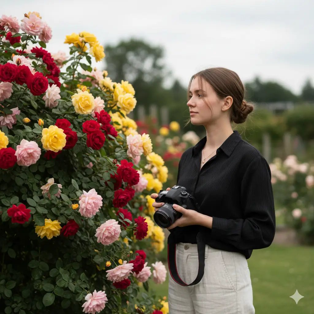Create a serene outdoor portrait of a young woman standing beside a blooming rose bush filled with red, yellow, and pink flowers. She holds a professional DSLR camera gently in both hands, gazing thoughtfully into the distance with a calm, introspective expression. She wears a stylish black shirt with subtle pinstripes and light trousers, her hair neatly tied back in a relaxed bun. The overcast sky casts a soft, diffused light that enhances the natural tones of her skin and the vivid colors of the flowers. The blurred greenery in the background creates a tranquil, cinematic feel, capturing a quiet moment of artistic contemplation amidst nature.