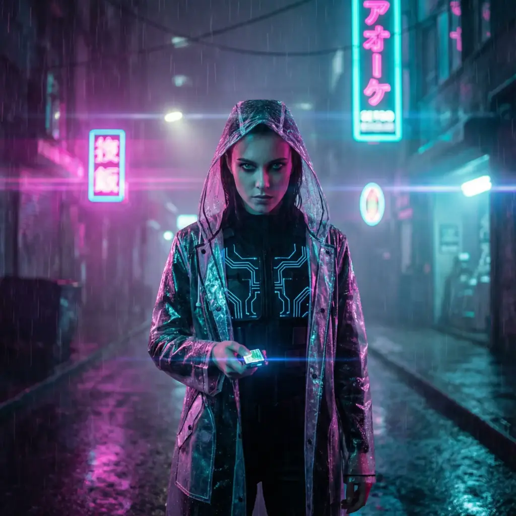 Create a stunning cinematic shot in the style of a high-budget sci-fi blockbuster. A female hacker stands in a narrow, rain-slicked alleyway of a neon-drenched futuristic city. She is wearing a translucent iridescent raincoat over a tactical black bodysuit with glowing blue circuitry patterns. She is looking back over her shoulder at the camera with a pierced, intense gaze, holding a data drive in her hand. The lighting is a mix of vibrant pink and cyan neon signs reflecting off the wet pavement. Use a 35mm anamorphic lens to create horizontal lens flares and oval bokeh. The image should have high contrast, volumetric fog, and a wet texture. Aspect ratio 1:1.