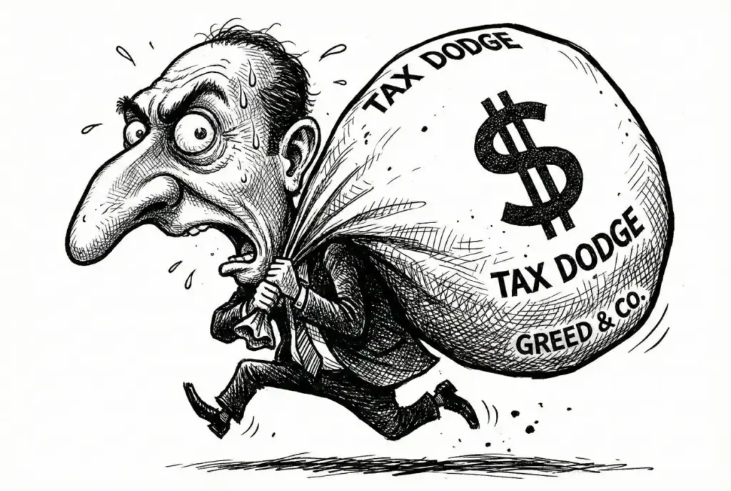 Create a satirical editorial caricature style drawing of a generic businessman running while carrying a giant bag of money. The facial features should be heavily exaggerated with a large head and nose. Use a cross-hatching ink style typical of political newspaper cartoons, set against a white background in a 3:2 landscape aspect ratio.