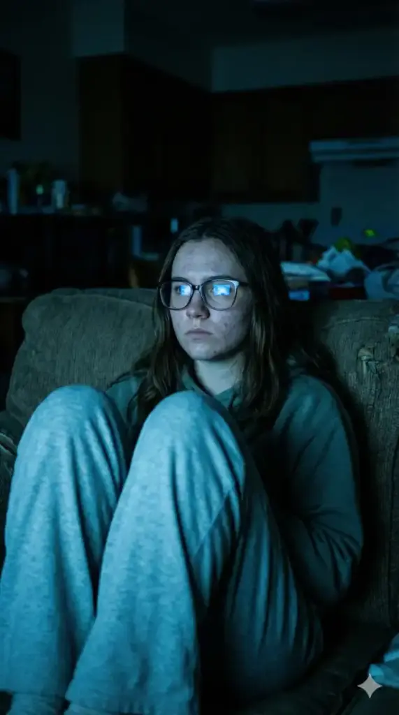Create a moody, low-light portrait of a teenager sitting on a sofa in a dark living room. The only light source is the cool blue flickering light coming from a television screen (off-camera) in front of them. This blue light highlights the skin and the reflection in their glasses. The rest of the room falls into deep shadow. They are wearing pajamas and looking intense or focused. The skin texture should show teenage complexion, perhaps with slight acne or uneven tone, to ensure authenticity. Aspect ratio: 9:16.