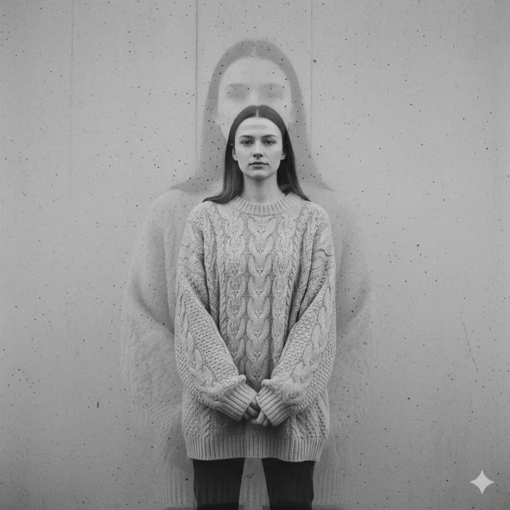 Create a monochrome, high-contrast black-and-white double exposure portrait of a young woman standing against a smooth, lightly textured concrete wall. The main figure is centered, wearing an oversized, patterned knit sweater with soft, heavy folds. Her posture is relaxed, hands low in front of her, expression neutral and calm. Behind her, create a large, ghostly double-exposure silhouette of her face, soft, blurred, and semi-transparent, filling most of the background. The layered effect should feel dreamlike and ethereal, as though two moments in time are merging. Lighting is diffused and even, with no harsh shadows. The overall mood is quiet, introspective, and artistic, reminiscent of analog film photography and experimental exposure techniques.