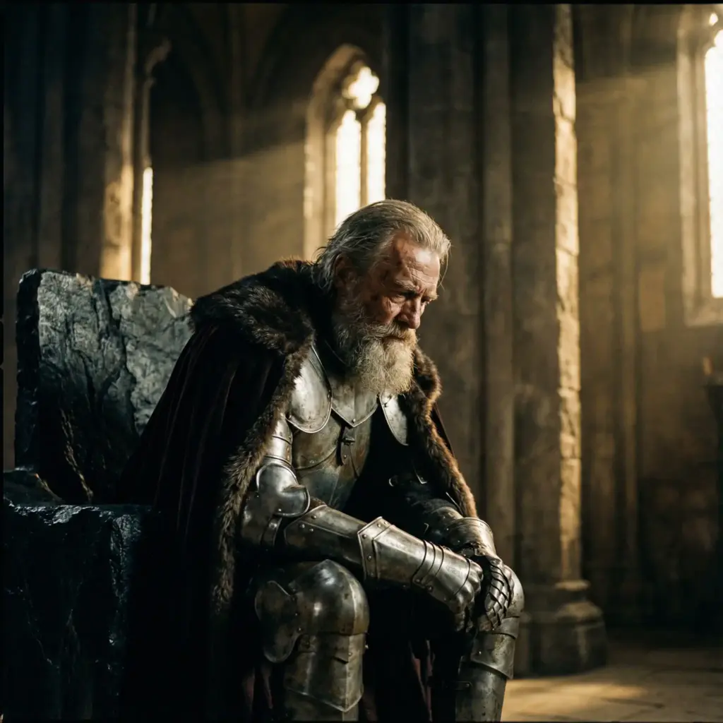 Create a breathtaking cinematic shot reminiscent of an epic fantasy film. An aging warrior king sits slumped on a massive obsidian throne in a dimly lit, cavernous stone hall. He wears intricate, battle-worn silver armor with a heavy fur-lined velvet cape draped over his broad shoulders. He leans forward, elbows on knees, hands clasped together, staring intensely into the void with a look of heavy burden. Shafts of natural golden sunlight pierce through high gothic windows, illuminating floating dust motes and creating high-contrast chiaroscuro lighting on his weathered face. Shot on an 85mm lens, shallow depth of field, Kodak Portra film stock aesthetic. Aspect ratio 1:1.