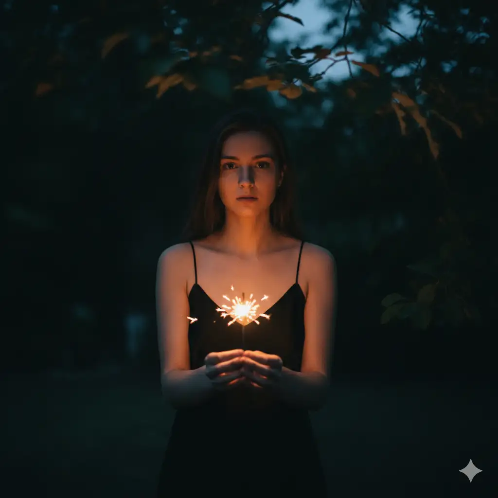 Create photo of a young woman stands outdoors at dusk, surrounded by deep shadows and faint outlines of foliage. She wears a simple black dress with thin straps. Her expression is calm and reflective as she looks toward the camera. She holds a single lit sparkler or small flame that glows warmly in her hand, casting soft golden light across her face and upper body. The surrounding environment remains dark, allowing the warm glow to become the central visual focus. Capture a moody low light portrait with gentle highlights, soft falloff, and an atmosphere that feels quiet and slightly mysterious, using the flame as the primary light source.