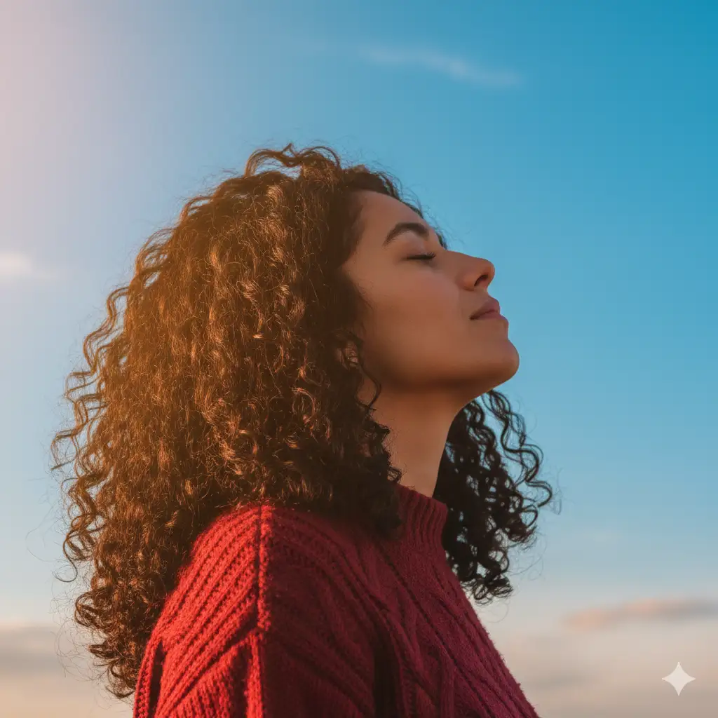 Create a cinematic close-up side profile of a woman with dark curly hair, eyes closed, facing upward toward the sunlight, captured from a low-angle perspective. She wears a textured deep red sweater, illuminated by warm golden light against a vivid blue sky, evoking introspection and calm.