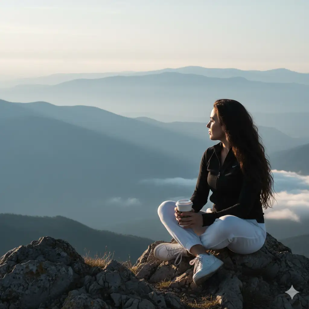Create a serene outdoor portrait of a woman sitting on a rocky mountain peak, surrounded by a breathtaking panorama of misty blue-gray mountains fading into the distance. She has long, dark, wavy hair and wears a black zip-up jacket, white jogger pants, and white sneakers. She holds a takeaway coffee cup in both hands, resting it casually on her knee. The soft, golden light of early morning or late afternoon highlights her face and hair, creating a natural, cinematic glow. The overall mood is calm, empowering, and introspective, with a sense of freedom and quiet strength high above the world.