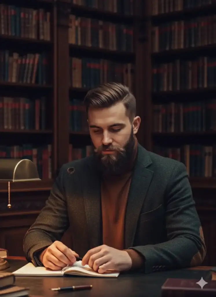 Create a moody and atmospheric profile picture in the dark academia style, based on my photo of a man. He is wearing a classic dark brown wool turtleneck sweater under a tweed blazer with leather elbow patches. The background is an old, richly detailed library filled with leather-bound books, dark wood shelving, and the soft glow of a desk lamp. The lighting is warm and low-key, primarily coming from a single source like a banker's lamp, which casts long, soft shadows and creates an intimate, studious mood. He is captured in a candid, thoughtful pose, perhaps looking down as if reading, in a close-up portrait that feels both intelligent and mysterious.