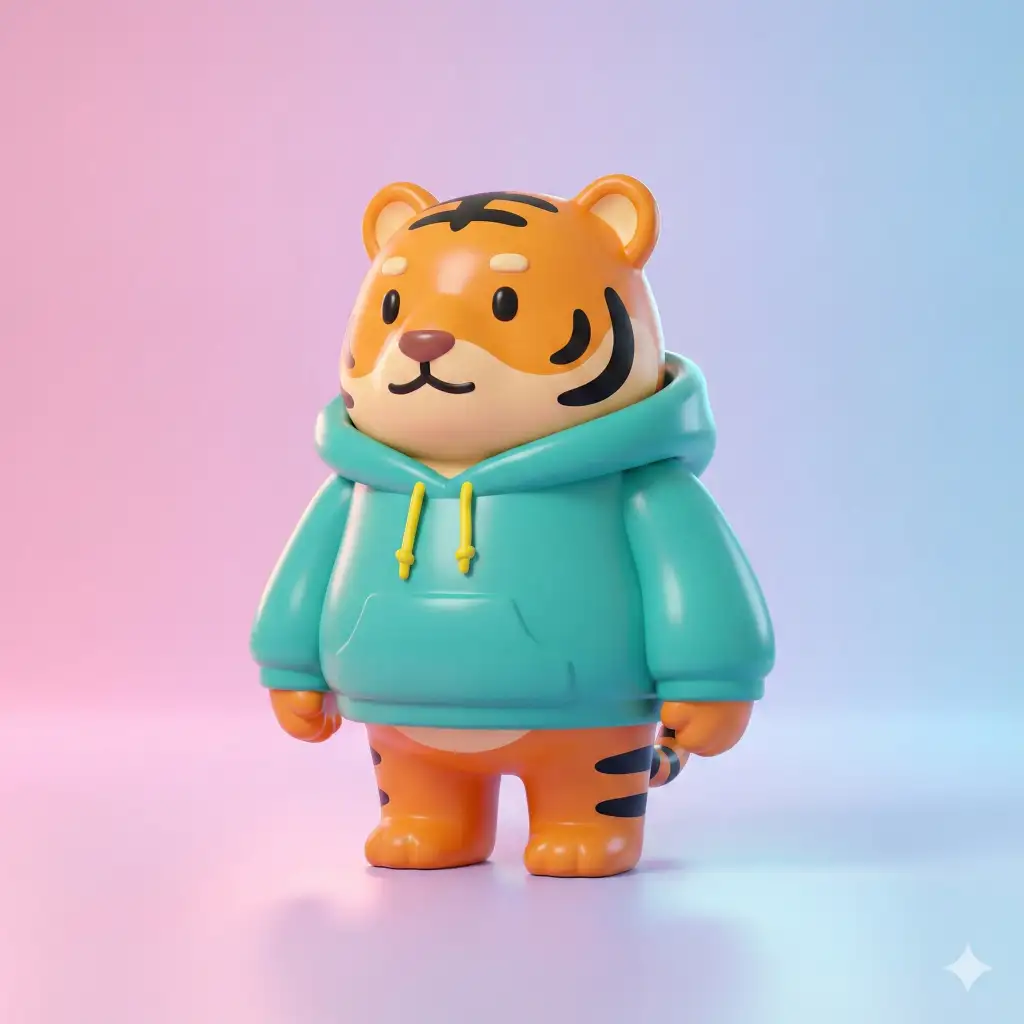 Create a 3D render of a character that looks like a collectible vinyl toy. The subject is a stylized tiger mascot wearing a hoodie. The surface should be smooth, glossy plastic with rounded edges and simple paint applications. Place the character against a seamless pastel studio background in a square 1:1 aspect ratio.