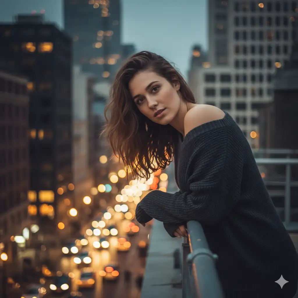 Create photo of a young woman leans on a balcony railing overlooking a busy city street at dusk. She wears an oversized dark sweater that slips off one shoulder, revealing a soft, relaxed silhouette. Her hair is loosely styled with natural waves framing her face. She gazes toward the camera with a calm, slightly wistful expression. The city below is filled with blurred lights in warm tones, creating a bokeh effect that suggests movement and evening energy. Surrounding buildings rise into the dim sky, adding depth and an urban atmosphere. Capture a moody dusk portrait with soft, low contrast lighting, a muted color palette, shallow depth of field, and a contemplative rooftop setting.