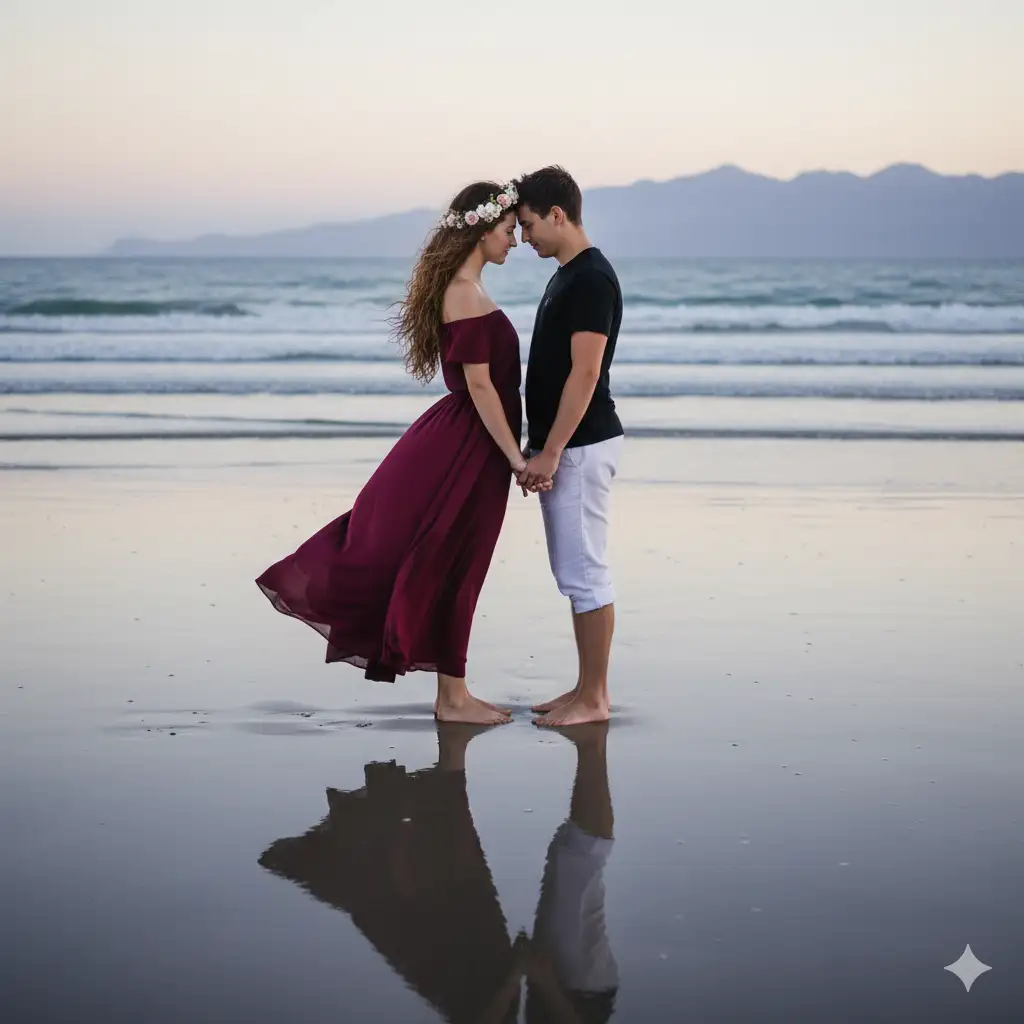 A romantic and serene portrait photo of a young couple standing barefoot on a calm beach at dusk, their foreheads gently touching as they hold hands. The woman wears a flowing off-shoulder burgundy dress that contrasts softly with the cool blue tones of the ocean and sky. Her long curly hair cascades naturally, adorned with a delicate floral crown. The man stands close to her, dressed in a simple black t-shirt and white rolled-up pants, his posture relaxed and affectionate. The wet sand beneath them reflects their figures, adding symmetry and depth. In the background, distant silhouettes of mountains fade into mist, completing the tranquil, dreamlike atmosphere. The lighting is soft and diffused, creating a peaceful and emotional mood that captures love, stillness, and connection.