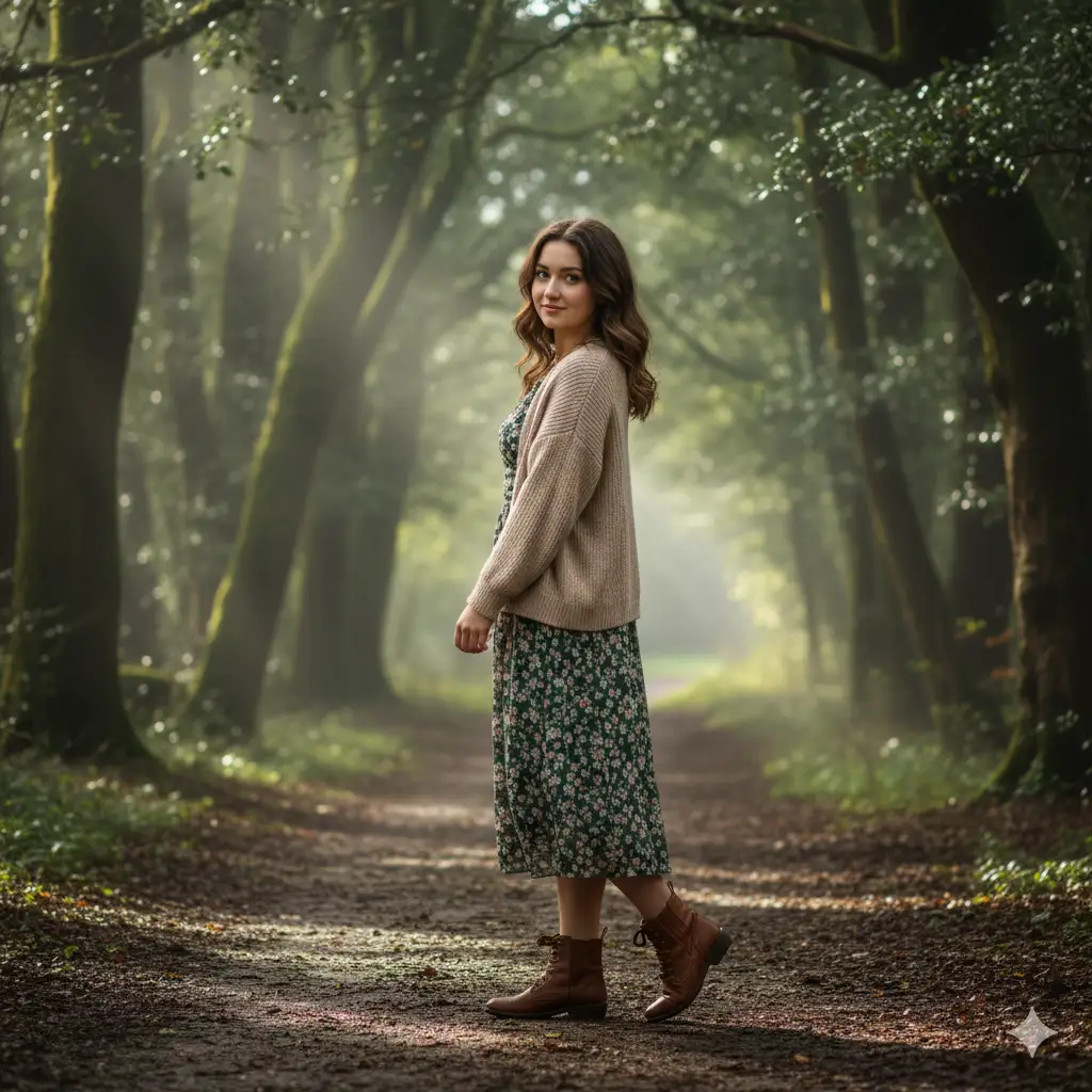 Create a cute girl photo of a woman walking down a forest path lined with tall trees, wearing a beige cardigan, floral dress, and ankle boots. She's turning back slightly toward the camera, smiling shyly. The photo has dappled sunlight filtering through leaves, gentle mist, and a cinematic composition emphasizing natural beauty and serenity.