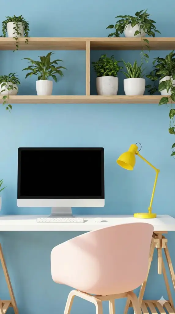 Create a phone wallpaper of a clean, minimalist home office setup. The scene includes a white desk, a light pink modern chair, a desktop computer with a black screen, a yellow desk lamp, and wooden shelves with plants. The wall color is a solid light blue. The style should be a bright, realistic 3D interior design render. 9:16 aspect ratio.