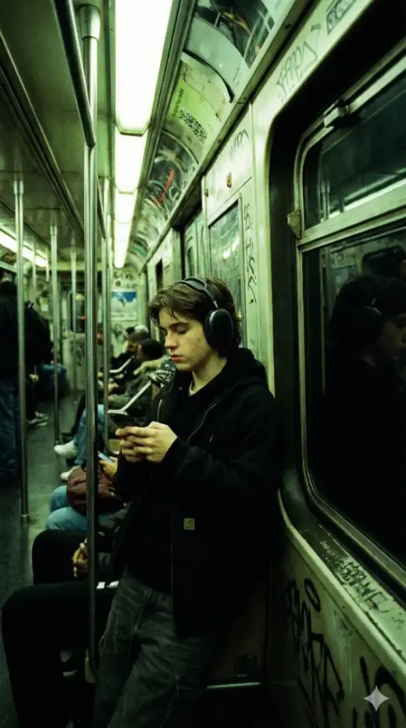 Create a candid, realistic portrait of a teenager listening to headphones on a subway train. They are leaning against the metal pole, looking at their phone, unaware of the camera. The lighting is a mix of the grim, greenish interior subway lights and the black darkness of the tunnel outside the window. The reflection of the subway car interior is faintly visible in the window behind them. The image should have slight film grain to mimic high-speed film stock like Ilford Delta 3200. Aspect ratio: 9:16.