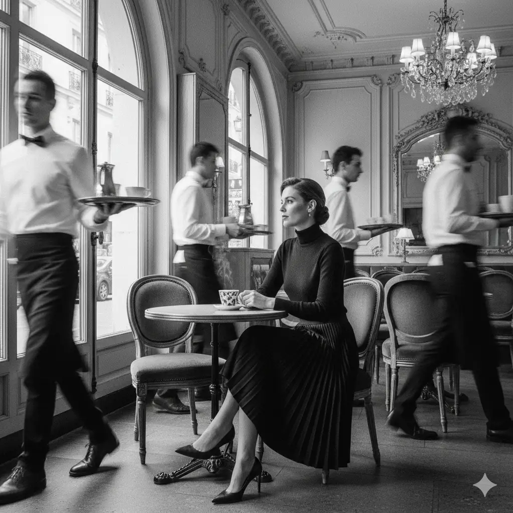 Create a black-and-white cinematic photograph of a woman sitting gracefully at a small café table near a large window. She wears an elegant black pleated skirt and a matching turtleneck, with pointed heels completing her look. A steaming cup of coffee sits on the table beside her as she gazes thoughtfully out the window. Around her, waiters in motion blur walk briskly, carrying trays and cups, creating a dynamic contrast between her calm stillness and the lively atmosphere of the café. The setting features ornate décor, vintage chairs, chandeliers, and soft natural light filtering through the window, adding a timeless Parisian or European charm to the composition.