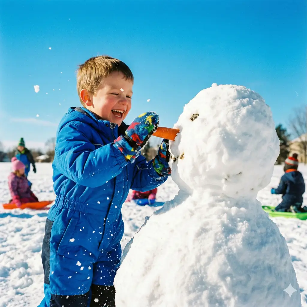 Create a vibrant and playful photo with an aspect ratio of 1:1 of a young boy putting the finishing touch, a carrot nose, on a snowman. The boy is wearing a bright blue snowsuit and mittens. The camera is positioned at the child's eye level. The sky is a brilliant, clear azure blue. Sunlight hits the snow texture, showing every crystal. The image should feel energetic and capture the essence of childhood winter fun.