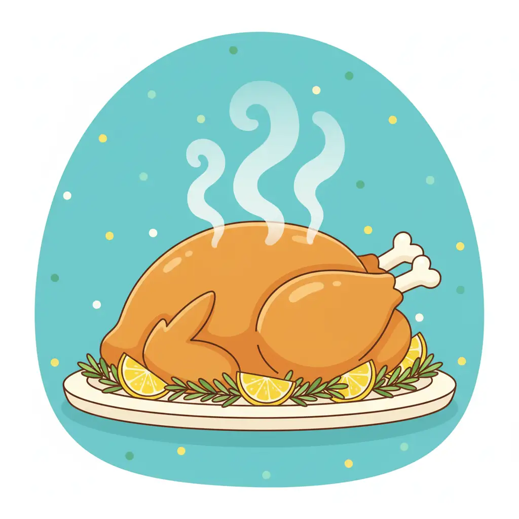 Create a whimsical, cartoon-style illustration of a whole roasted turkey resting on a flat surface. The turkey should appear plump and golden-brown with smooth, rounded shading and simple, friendly contours. Add two small bones sticking out from the drumsticks at the back. Surround the turkey with bright yellow lemon wedges and small green herb sprigs for a fresh, decorative touch. Rising from the top of the turkey, include soft, curling steam trails in pale blue and creamy white, giving a warm, freshly cooked impression. The background should be a playful, rounded shape in teal blue with scattered tiny dots in soft yellow, mint, and white to create a festive, cheerful atmosphere. Overall style should feel cute, clean, and modern with minimal lines and soft color transitions.