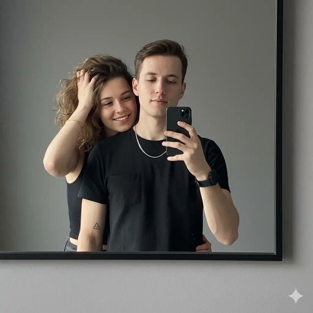 A clean, modern mirror selfie of a young couple standing close together against a soft gray background. The man holds a smartphone up to take the photo, his expression calm and composed. He wears a simple black shirt, a thin silver chain, and a black wristwatch, with a minimal geometric tattoo on his forearm. The woman stands slightly behind him, smiling warmly with her hand running through her softly curled brown hair. She wears a matching black top and a delicate gold bracelet, creating a sense of harmony and balance between them. The lighting is soft and natural, evenly illuminating their faces and highlighting their subtle expressions. The overall composition is minimalistic, intimate, and modern, with a smooth aesthetic that evokes a calm and affectionate mood.