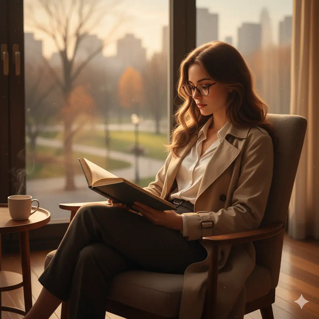 Create a warm, introspective indoor portrait of a young woman sitting by a large window, reading a book in the soft glow of golden-hour sunlight. She wears glasses and a light beige trench coat over a white blouse, her long hair cascading naturally over her shoulders. The sunlight filters through the window, casting a gentle, diffused light that highlights her face and the pages of the book. The background outside the window appears softly blurred, giving the scene a calm, timeless atmosphere. The mood is peaceful, thoughtful, and cinematic.