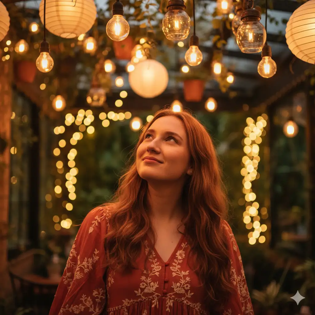 Create a warm evening portrait of a young woman gazing upward with a soft, thoughtful smile under a canopy of glowing hanging lamps. She wears a rust-orange embroidered dress with delicate floral patterns, the fabric subtly catching the warm ambient light. Her long, wavy hair flows naturally over her shoulders, illuminated by the golden glow of the lamps. The setting feels cozy and intimate, surrounded by soft bokeh lights and hints of lush greenery in the background. The lighting creates a beautiful interplay of shadows and highlights across her face, emphasizing her expression of quiet wonder and contentment.