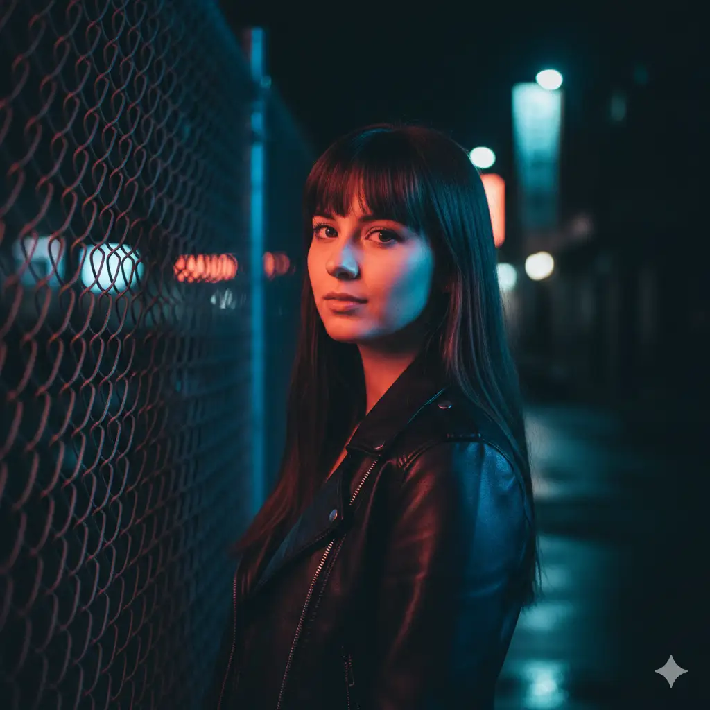 Create a moody, cinematic night portrait of a young woman standing beside a chain-link fence. She has long, straight dark hair with full bangs framing her face. Her expression is calm, slightly enigmatic, as she turns her head subtly toward the camera. A cool, bluish overhead light casts a stark glow on her hair and the top of her head, while a contrasting red-tinted light washes softly across her eyes and upper cheeks, creating a dramatic dual-tone lighting effect. She wears a black leather jacket that reflects hints of the surrounding light. The background fades into deep shadows with only faint, blurred hints of distant lights. The overall mood is atmospheric and introspective, blending neon-noir aesthetics with a quiet sense of isolation and urban nighttime energy.