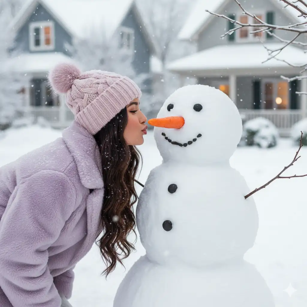 Create a charming winter portrait of a young woman playfully leaning in to "kiss" a snowman on the nose. She wears a soft lilac winter coat and a pastel pink knitted beanie, with her long dark hair cascading in loose waves. The snowman is classic and cheerful, with a bright orange carrot nose, pebble eyes, a curved pebble smile, and button details down its front. They stand in a snowy suburban setting with cozy houses in the background, their rooftops covered in snow. Bare winter trees frame the scene as gentle snowflakes fall, creating a dreamy, serene atmosphere. Soft natural lighting highlights the pastel tones and textures of the knitwear and fresh snow. High-resolution portrait photography, playful winter mood, crisp details, bright and airy snowy aesthetic.