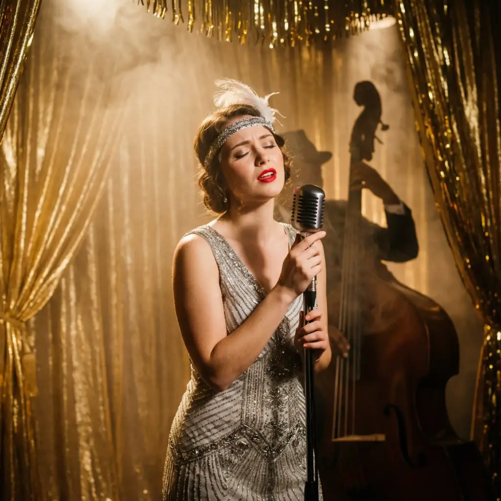 Create a lavish cinematic shot evoking the Roaring Twenties. A female jazz singer performs on a stage draped in gold tinsel. She is wearing a sparkling silver flapper dress with fringe and a feathered headband. She holds a vintage ribbon microphone close to her red lips, eyes closed in passion. Behind her, the silhouette of a double bass player is visible in the smoky haze. The lighting is warm and golden, with a soft "bloom" effect to make the image feel dreamy and glamorous. Use a shallow depth of field to focus entirely on her expression. Aspect ratio 1:1.