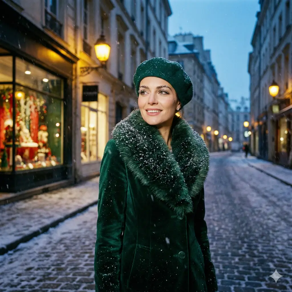 Create a stunning fashion-style photo with an aspect ratio of 1:1 of a sophisticated woman standing on a snowy, cobblestone street in a European city at twilight. She is wearing a luxurious emerald green velvet coat with a faux fur collar and a matching beret. Snowflakes are gently falling around her and resting on her eyelashes. She is looking slightly away from the camera with a serene smile. The background features blurred shop windows glowing with festive holiday displays and streetlamps casting a warm yellow light against the blue winter evening.