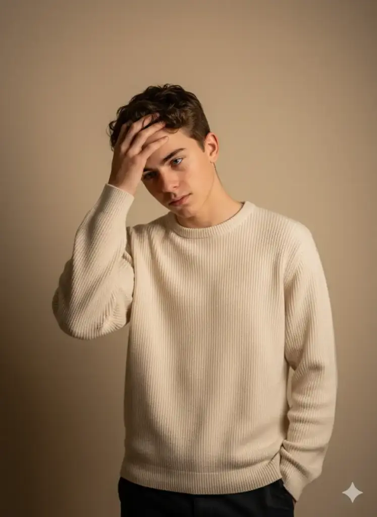Create photo of a teen boy standing indoors against a neutral beige background, bathed in warm, soft light from the upper right corner. He wears a ribbed cream or off-white sweater with slightly loose sleeves and dark pants. His posture is casual yet introspective, one hand rests on his forehead, fingers lightly brushing through his short curly hair, while his expression appears thoughtful and pensive. The lighting creates a gentle gradient across the wall, adding depth and warmth. The overall mood is calm, minimalist, and slightly melancholic, with a studio-style portrait composition.