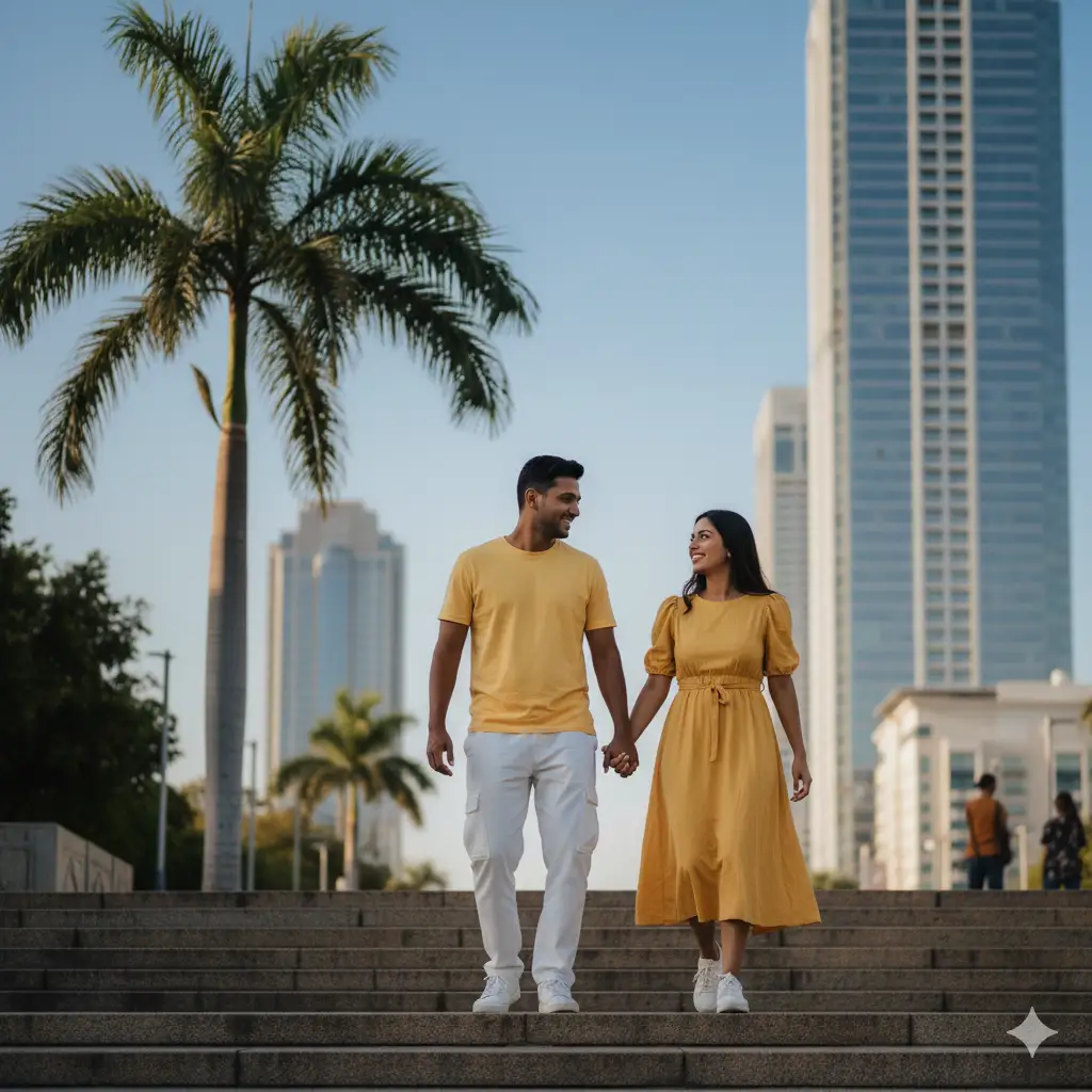 A cheerful, modern couple walking hand in hand down a set of wide stone steps in an urban outdoor location, framed by a tall palm tree and sleek city skyscrapers in the background. Both wear matching tones of yellow, giving the image a bright, joyful vibe — the man in a plain yellow T-shirt with white cargo pants and sneakers, and the woman in a light yellow knee-length dress with puff sleeves and white sneakers. They look at each other with happy smiles, capturing a moment of affection and togetherness. The soft natural daylight and slightly blurred background create a cinematic and lively atmosphere.
