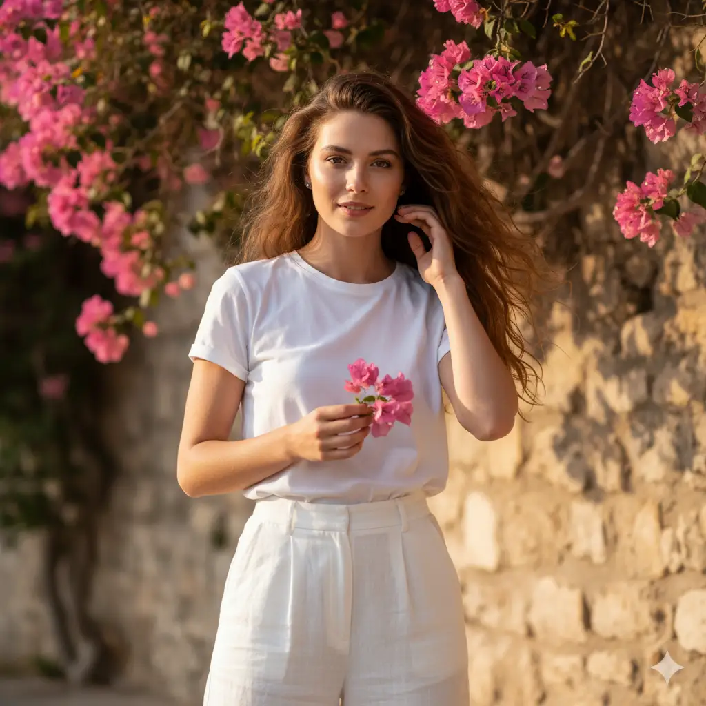 Create a sunlit outdoor portrait of a young woman standing against a rustic stone wall partially adorned with delicate pink bougainvillea flowers. She wears an all-white outfit, a simple tucked-in t-shirt and high-waisted trousers, exuding effortless elegance and modern minimalism. Her long, voluminous hair moves naturally in the gentle breeze as she gazes softly at the camera with a calm, confident expression. One hand is raised to her hair, while the other lightly holds a small branch of blossoms. The lighting is warm and natural, casting soft shadows that highlight the texture of the stone wall and the glow on her skin. The overall mood feels fresh, summery, and timeless.