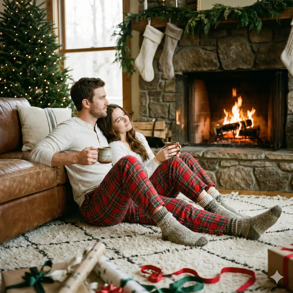 Create a cozy, lifestyle-aesthetic photo with an aspect ratio of 1:1 of a couple sitting on a plush rug in front of a roaring fireplace on Christmas morning. They are wearing matching plaid pajama bottoms and thick wool socks. The man is sitting with his back against the sofa, and the woman is leaning against him, resting her head on his shoulder. They are both holding ceramic mugs of coffee, looking at the fire. In the foreground, blurred wrapping paper scraps suggest gifts have just been opened.