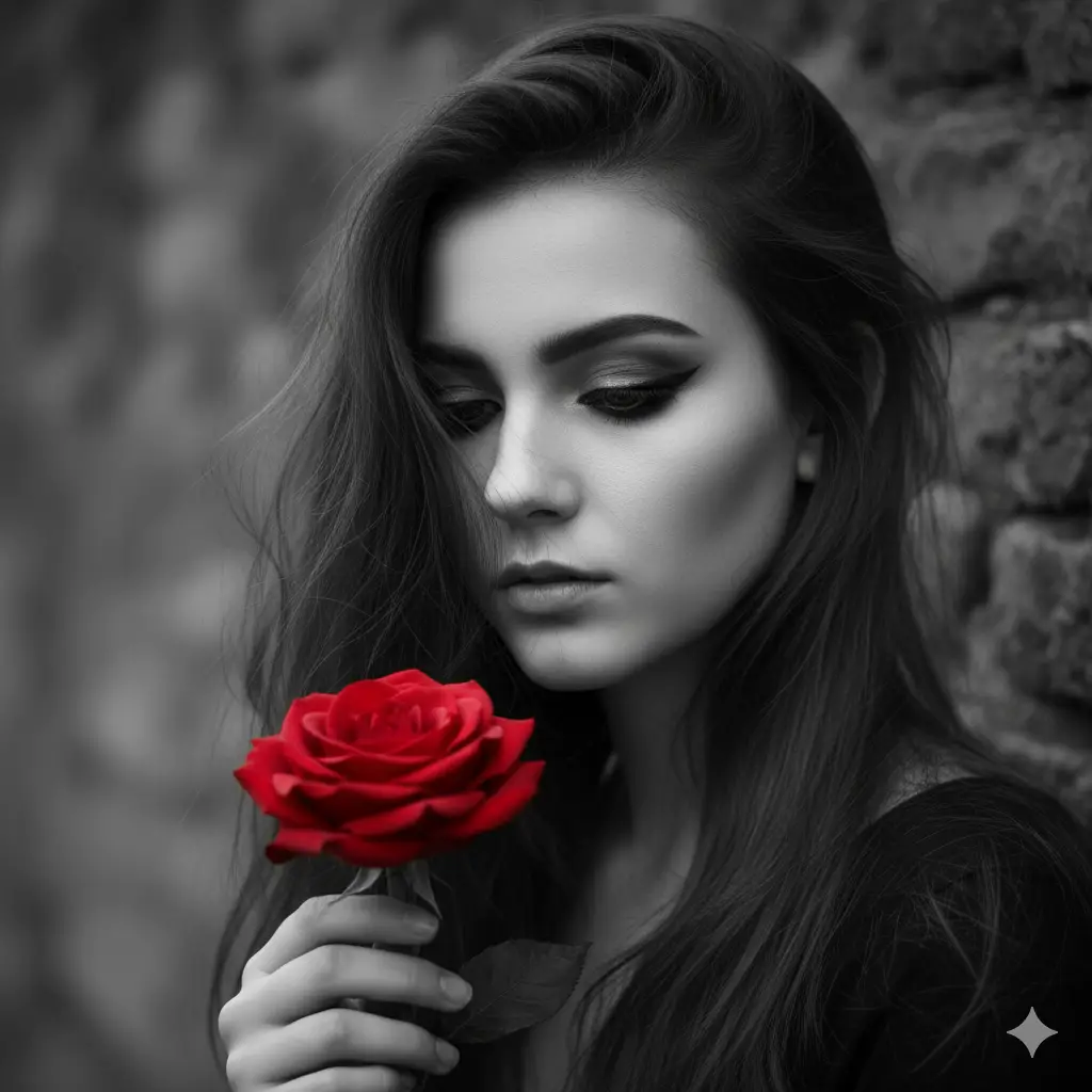 Create a dramatic portrait of a young woman captured in a muted monochrome palette with selective color. She looks downward with a pensive expression as soft strands of hair fall across her face. Her long dark hair flows over her shoulders, blending into the subdued background of blurred stone textures. Her makeup is defined with bold eyeliner that enhances the melancholic mood. In her hand she holds a single vivid red rose that stands out sharply against the grayscale surroundings, adding emotional contrast and symbolic depth. The lighting is soft and moody, shaping her features with gentle shadows while keeping the rose richly saturated. The overall atmosphere feels introspective, cinematic, and poetic with a focus on emotion, contrast, and storytelling.